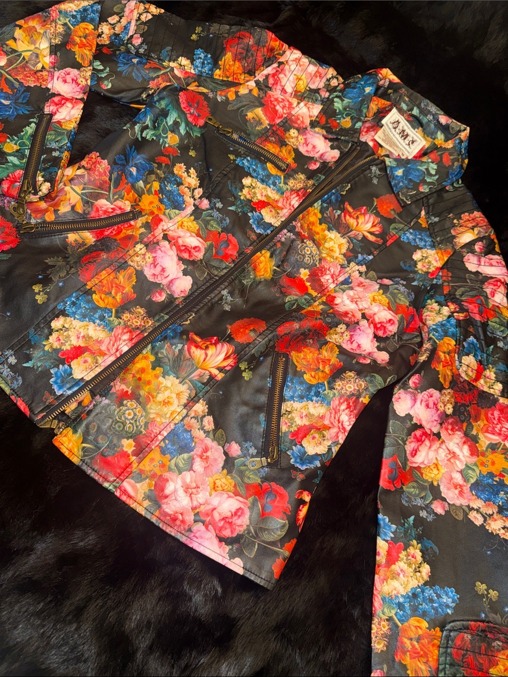Ami Black Floral Leather Moto Jacket